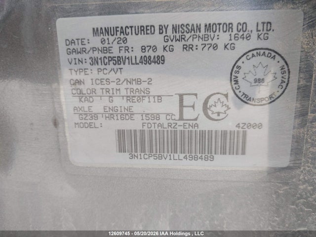 Aukcja sprzedaży 2020 Nissan Kicks S, vin: 3N1CP5BV1LL498489, numer aukcji: 12609745