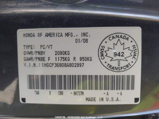 2008 Honda Accord Exl მანქანა იყიდება აუქციონზე, vin: 1HGCP36808A802997, აუქციონის ნომერი: 12609756