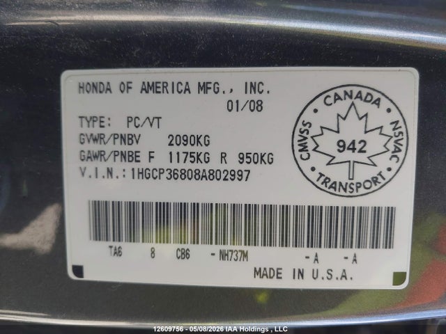 2008 Honda Accord Exl მანქანა იყიდება აუქციონზე, vin: 1HGCP36808A802997, აუქციონის ნომერი: 12609756