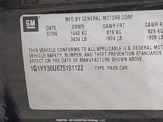 2007 Chevrolet Corvette მანქანა იყიდება აუქციონზე, vin: 1G1YY36U675101122, აუქციონის ნომერი: 12609760