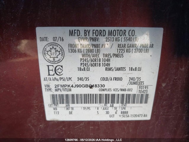 Продажа на аукционе авто 2016 Ford Edge Sel, vin: 2FMPK4J90GBC18330, номер лота: 12609766