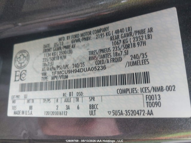 Продажа на аукционе авто 2013 Ford Escape Sel, vin: 1FMCU9H94DUA05236, номер лота: 12609769