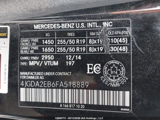 Aukcja sprzedaży 2015 Mercedes-benz Ml 350 Bluetec 4matic, vin: 4JGDA2EB6FA518889, numer aukcji: 12609773