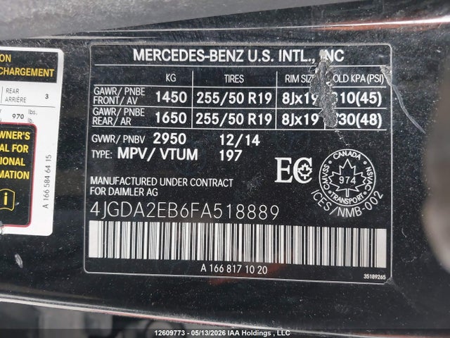 Aukcja sprzedaży 2015 Mercedes-benz Ml 350 Bluetec 4matic, vin: 4JGDA2EB6FA518889, numer aukcji: 12609773