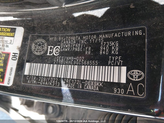 Aukcja sprzedaży 2016 Toyota Corolla L/le/le Pls/prm/s/s Pls, vin: 2T1BURHE9GC568555, numer aukcji: 12609775