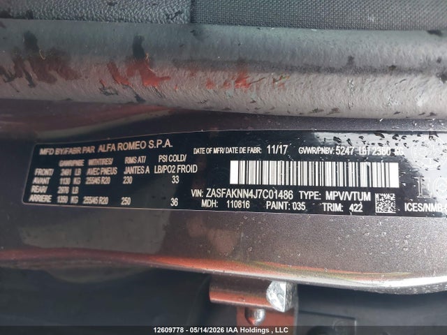 12609778 :رقم المزاد ، ZASFAKNN4J7C01486 vin ، 2018 Alfa Romeo Stelvio Ti Sport مزاد بيع