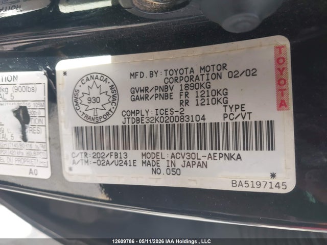 Продаж на аукціоні авто 2002 Toyota Camry, vin: JTDBE32K020083104, номер лоту: 12609786