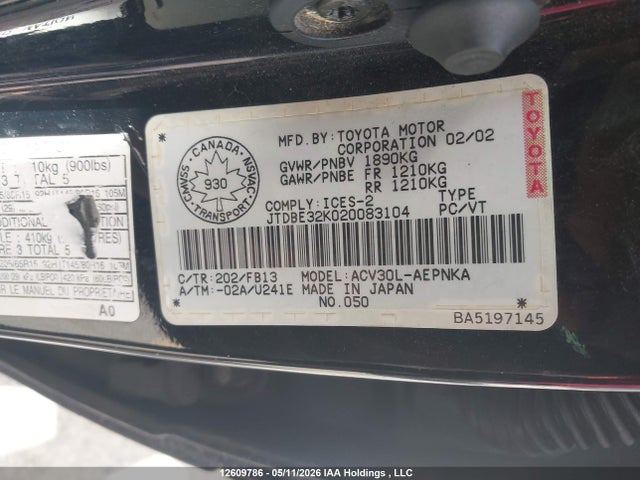 Продаж на аукціоні авто 2002 Toyota Camry, vin: JTDBE32K020083104, номер лоту: 12609786