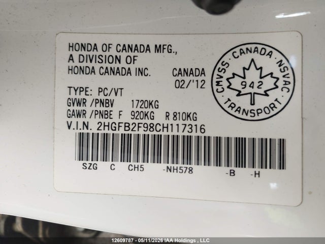 12609787 :رقم المزاد ، 2HGFB2F98CH117316 vin ، 2012 Honda Civic مزاد بيع