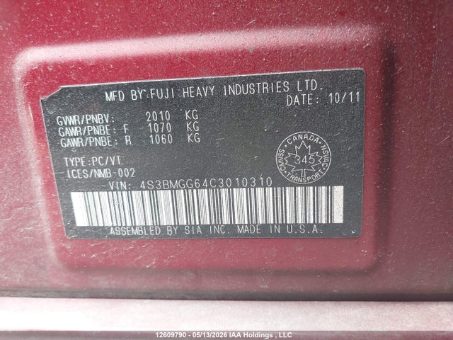 Aukcja sprzedaży 2012 Subaru Legacy 2.5i Premium, vin: 4S3BMGG64C3010310, numer aukcji: 12609790