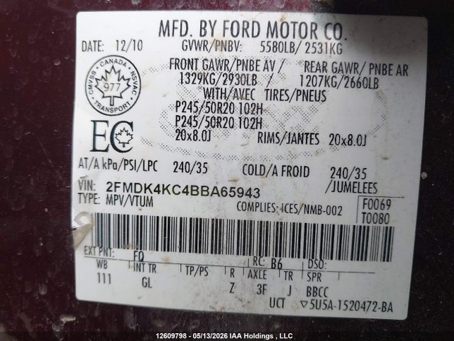 2011 Ford Edge Limited მანქანა იყიდება აუქციონზე, vin: 2FMDK4KC4BBA65943, აუქციონის ნომერი: 12609798