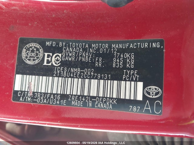 12609804 :رقم المزاد ، 2T1BU4EE2CC779131 vin ، 2012 Toyota Corolla Ce مزاد بيع