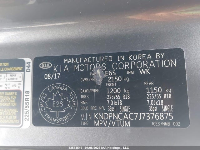 2018 Kia Sportage Ex/ex Premium/ex Tech მანქანა იყიდება აუქციონზე, vin: KNDPNCAC7J7376875, აუქციონის ნომერი: 12584549