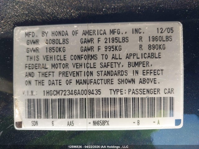 Продаж на аукціоні авто 2006 Honda Accord Lx-g, vin: 1HGCM72346A009435, номер лоту: 12596536