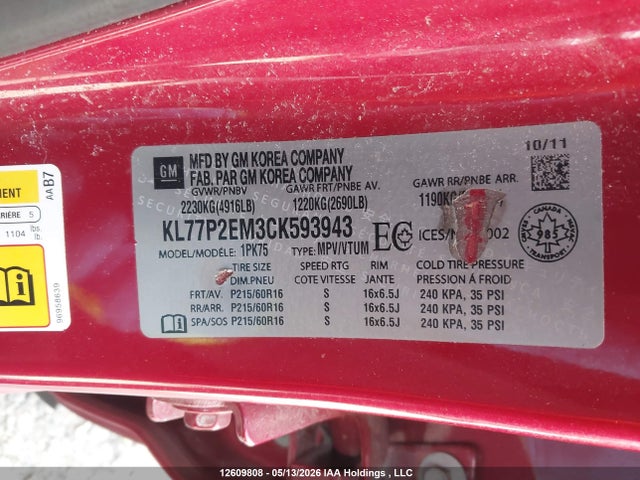 2012 Chevrolet Orlando მანქანა იყიდება აუქციონზე, vin: KL77P2EM3CK593943, აუქციონის ნომერი: 12609808