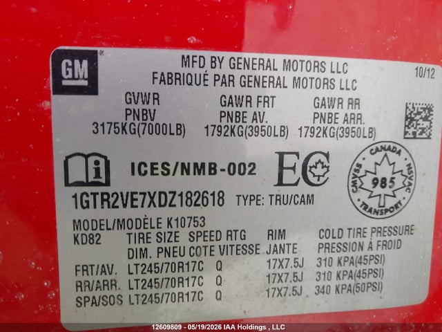 12609809 :رقم المزاد ، 1GTR2VE7XDZ182618 vin ، 2013 Gmc Sierra 1500 Sle مزاد بيع