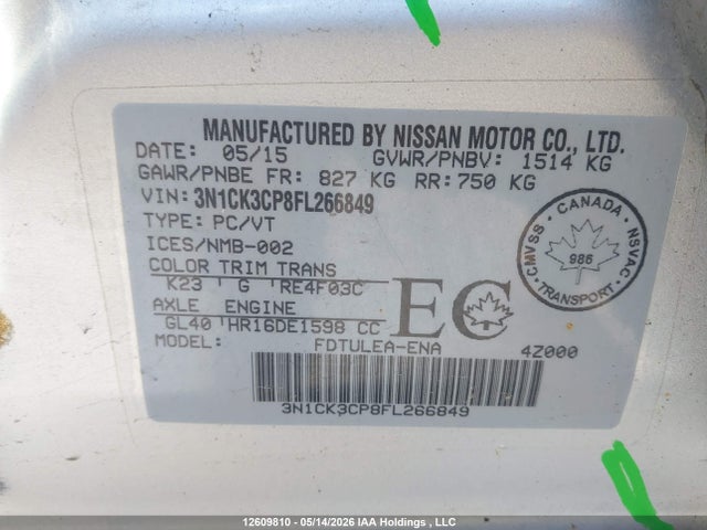 12609810 :رقم المزاد ، 3N1CK3CP8FL266849 vin ، 2015 Nissan Micra مزاد بيع