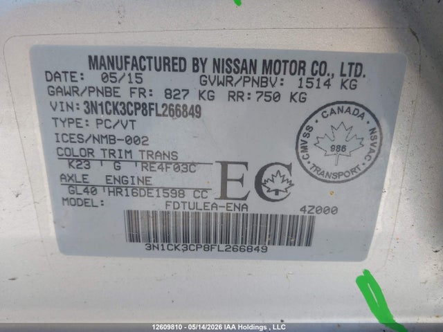 12609810 :رقم المزاد ، 3N1CK3CP8FL266849 vin ، 2015 Nissan Micra مزاد بيع
