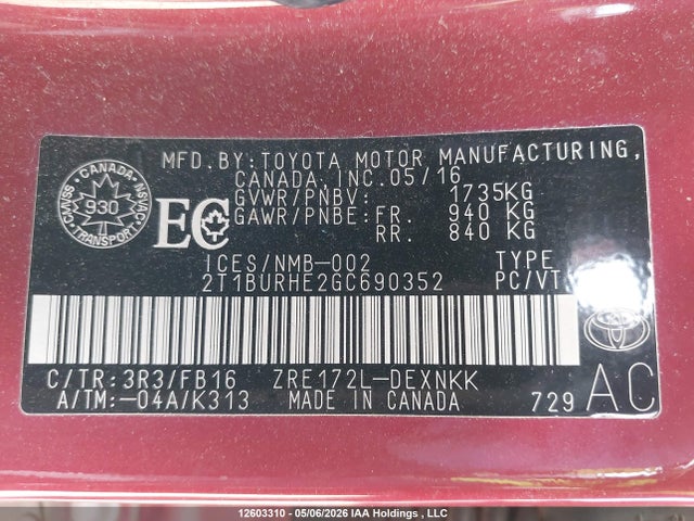 2016 Toyota Corolla Le მანქანა იყიდება აუქციონზე, vin: 2T1BURHE2GC690352, აუქციონის ნომერი: 12603310