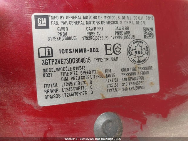 Aukcja sprzedaży 2013 Gmc Sierra 1500 Sle, vin: 3GTP2VE73DG364815, numer aukcji: 12609813