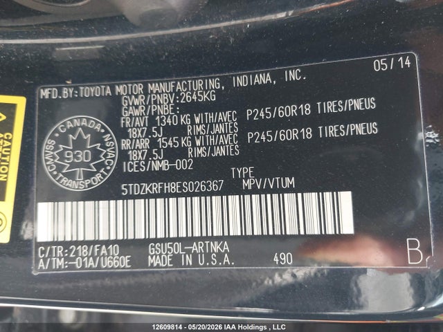 12609814 :رقم المزاد ، 5TDZKRFH8ES026367 vin ، 2014 Toyota Highlander Le/le Plus مزاد بيع