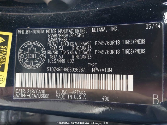 12609814 :رقم المزاد ، 5TDZKRFH8ES026367 vin ، 2014 Toyota Highlander Le/le Plus مزاد بيع