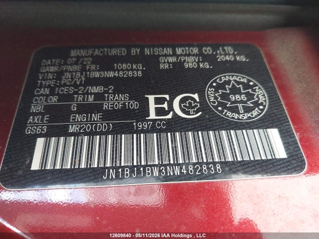 JN1BJ1BW3NW482838 Nissan Qashqai Sl/sv