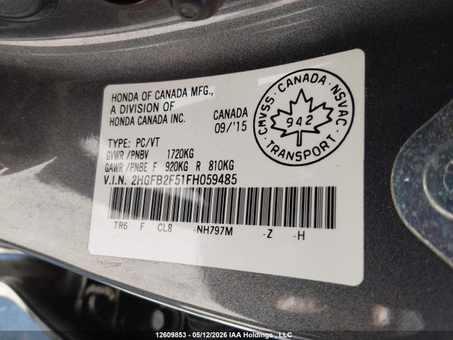 2015 Honda Civic Lx მანქანა იყიდება აუქციონზე, vin: 2HGFB2F51FH059485, აუქციონის ნომერი: 12609853
