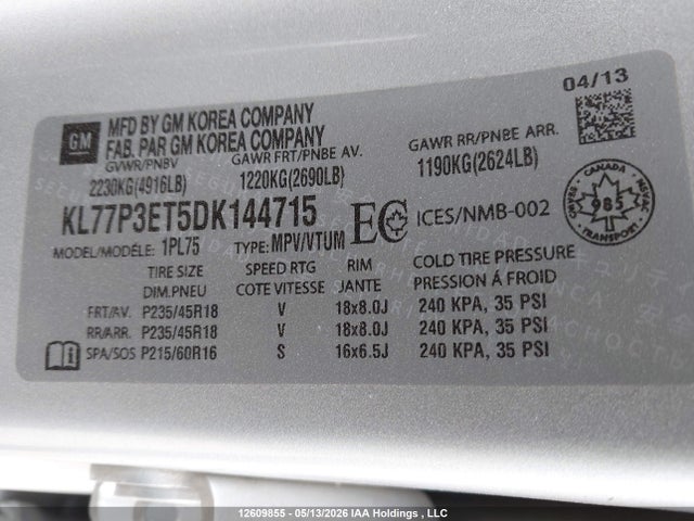Продажа на аукционе авто 2013 Chevrolet Orlando Ltz, vin: KL77P3ET5DK144715, номер лота: 12609855