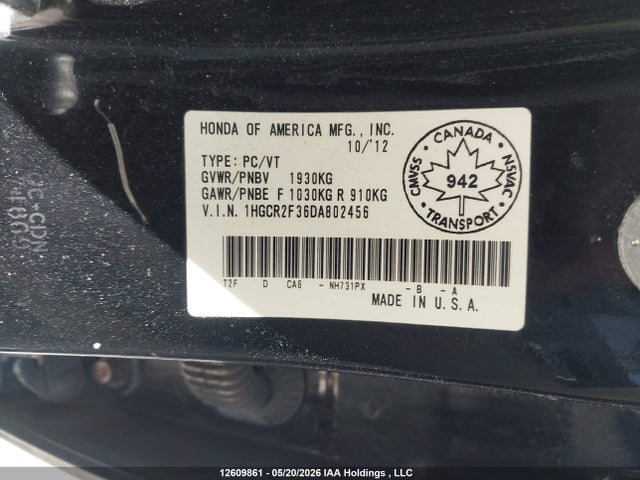 Продажа на аукционе авто 2013 Honda Accord Lx, vin: 1HGCR2F36DA802456, номер лота: 12609861