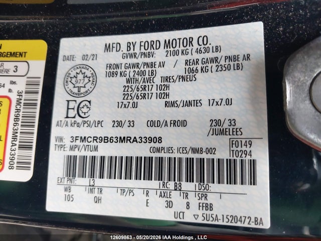 12609863 :رقم المزاد ، 3FMCR9B63MRA33908 vin ، 2021 Ford Bronco Sport Big Bend مزاد بيع