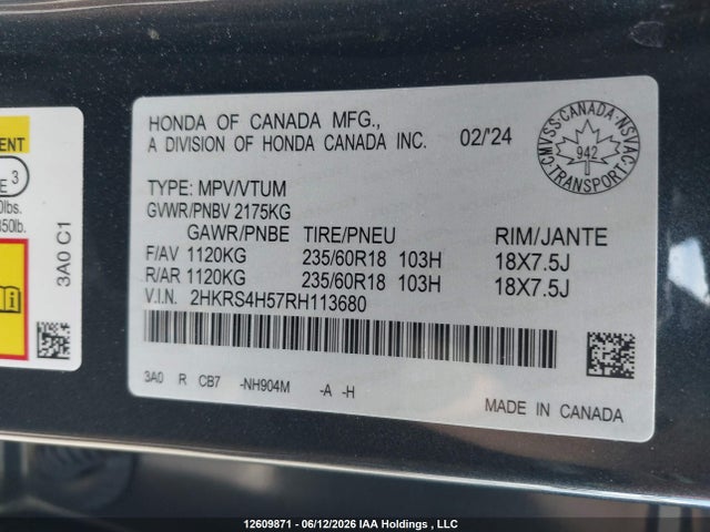 12609871 :رقم المزاد ، 2HKRS4H57RH113680 vin ، 2024 Honda Cr-v مزاد بيع