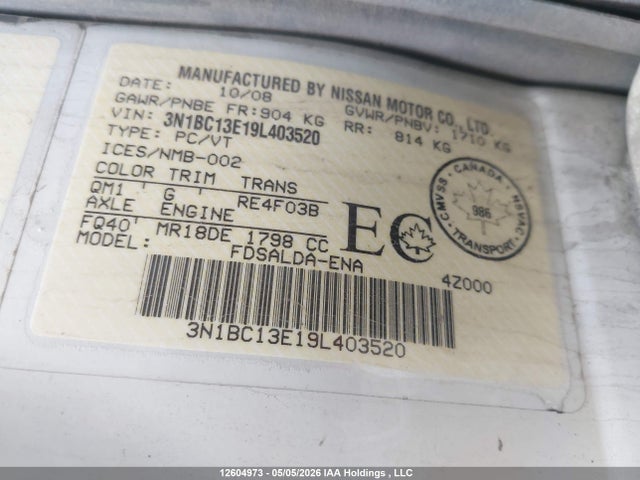Продажа на аукционе авто 2009 Nissan Versa 1.8s, vin: 3N1BC13E19L403520, номер лота: 12604973