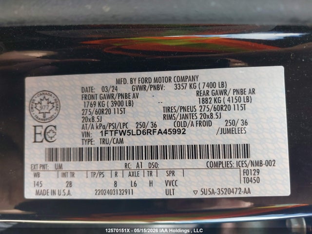 Продажа на аукционе авто 2024 Ford F-150 Lariat, vin: 1FTFW5LD6RFA45992, номер лота: 12570151