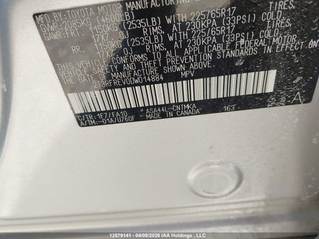 12579141 :رقم المزاد ، 2T3RFREV0DW014884 vin ، 2013 Toyota Rav4 Xle مزاد بيع