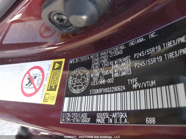 5TDDKRFHXGS290624 Toyota Highlander Limited