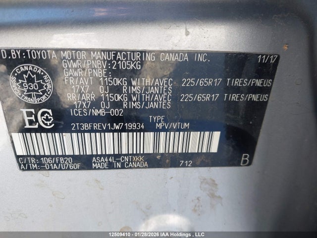 12509410 :رقم المزاد ، 2T3BFREV1JW719934 vin ، 2018 Toyota Rav4 Le مزاد بيع