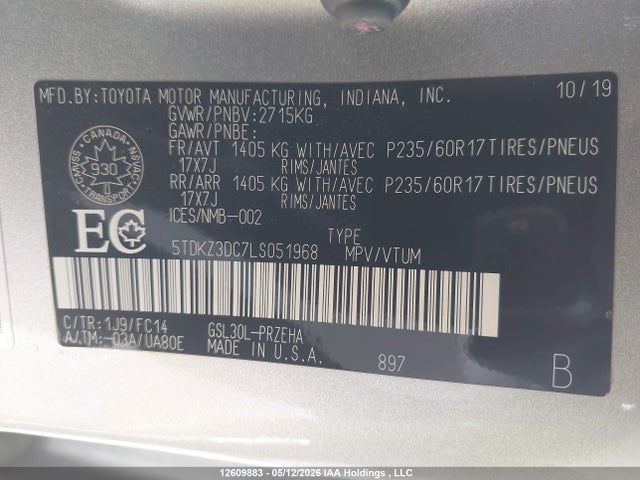 Toyota SIENNA LE 2020 5TDKZ3DC7LS051968 Image 9
