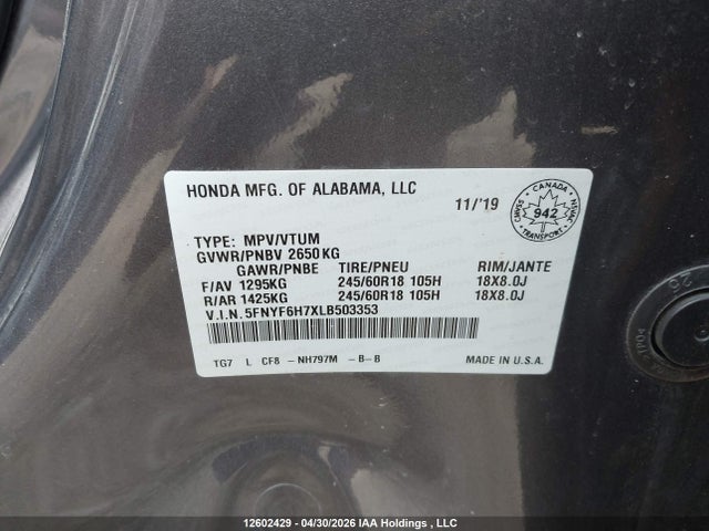 5FNYF6H7XLB503353 Honda Pilot Ex-l Navi