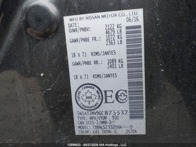 5N1AT2MV9GC873537 Nissan Rogue S/sl Premium/sv