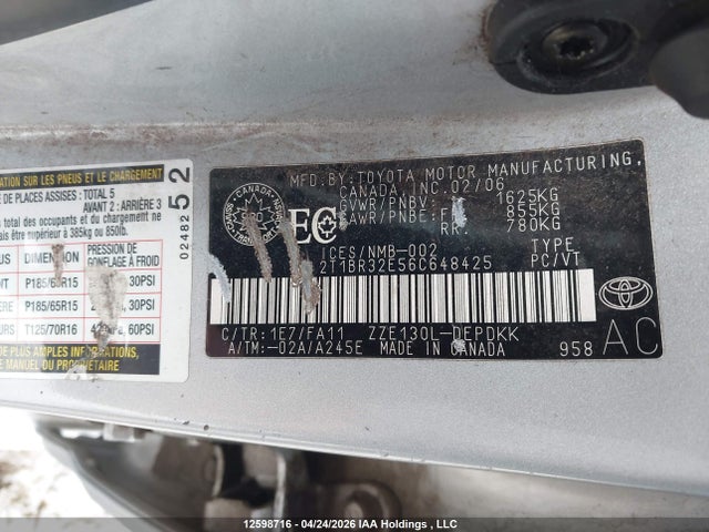 12598716 :رقم المزاد ، 2T1BR32E56C648425 vin ، 2006 Toyota Corolla Ce/le/sport مزاد بيع