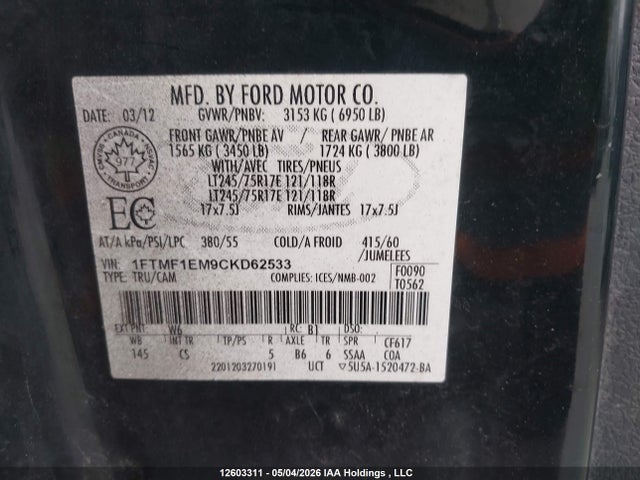 12603311 :رقم المزاد ، 1FTMF1EM9CKD62533 vin ، 2012 Ford F-150 Xl مزاد بيع