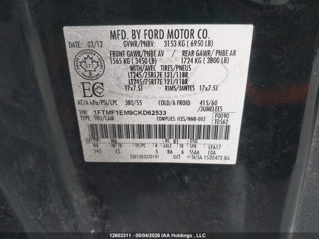 12603311 :رقم المزاد ، 1FTMF1EM9CKD62533 vin ، 2012 Ford F-150 Xl مزاد بيع