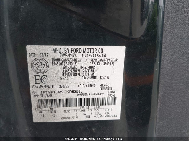 12603311 :رقم المزاد ، 1FTMF1EM9CKD62533 vin ، 2012 Ford F-150 Xl مزاد بيع