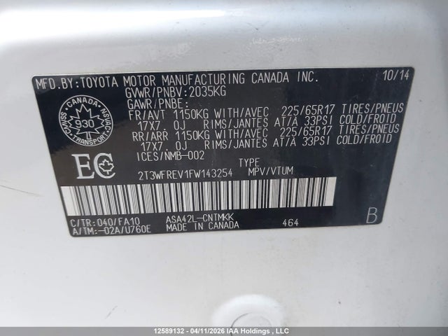 2T3WFREV1FW143254 Toyota Rav4 Xle