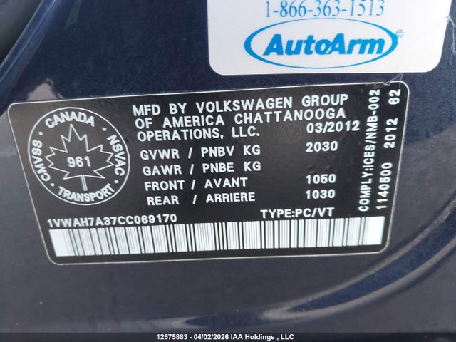 Aukcja sprzedaży 2012 Volkswagen Passat 2.5l Trendline/2.5l Trendline+, vin: 1VWAH7A37CC069170, numer aukcji: 12575883