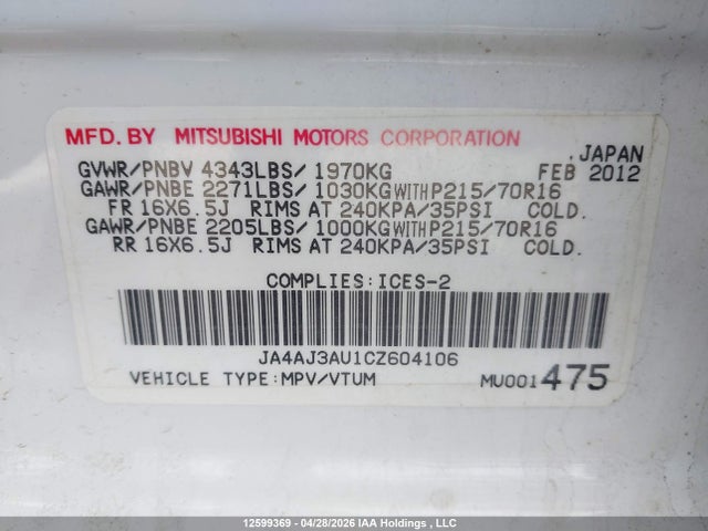 Aukcja sprzedaży 2012 Mitsubishi Rvr Se, vin: JA4AJ3AU1CZ604106, numer aukcji: 12599369