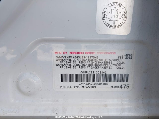Aukcja sprzedaży 2012 Mitsubishi Rvr Se, vin: JA4AJ3AU1CZ604106, numer aukcji: 12599369
