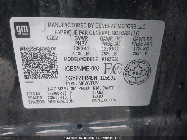 12602862 :رقم المزاد ، 1GYFZFR49NF115901 vin ، 2022 Cadillac Xt4 Sport مزاد بيع
