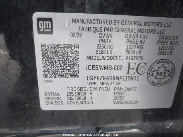 12602862 :رقم المزاد ، 1GYFZFR49NF115901 vin ، 2022 Cadillac Xt4 Sport مزاد بيع